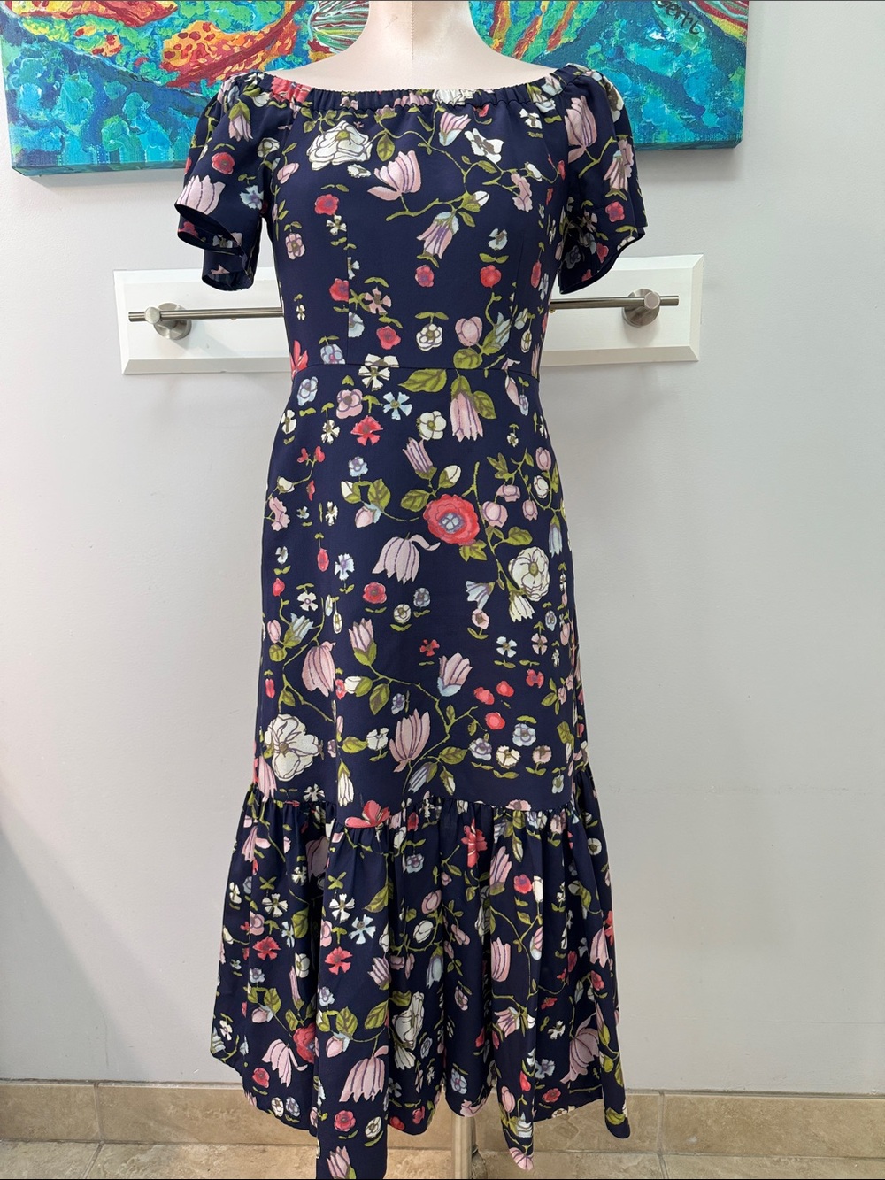 Rebecca Taylor Dress Size 4 Blue Floral Silk Midi Off Shoulder Ruffles Size Zip